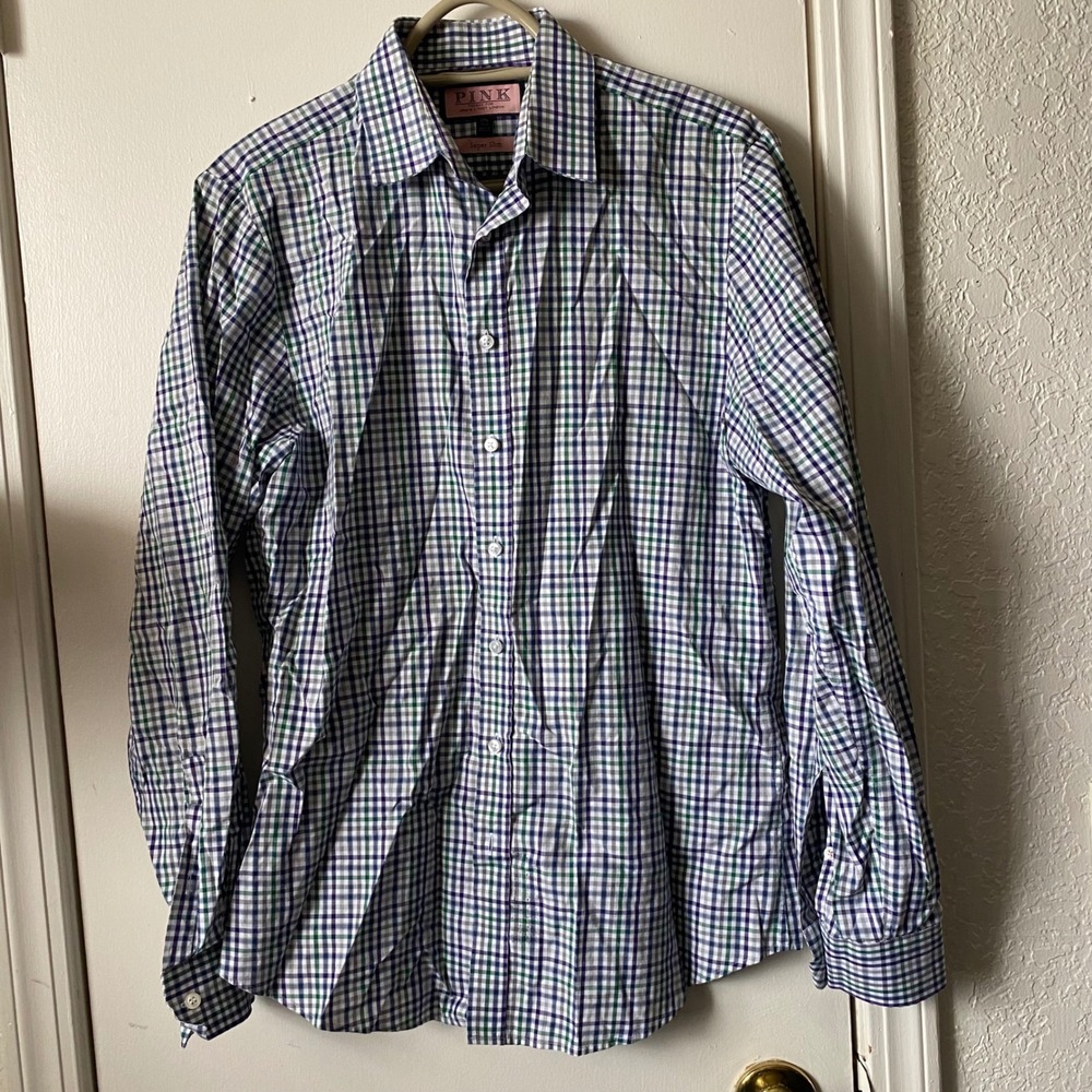 Thomas Pink Super Slim Fit Shirt Mens 15.5 39cm Green Blue Check Button Down